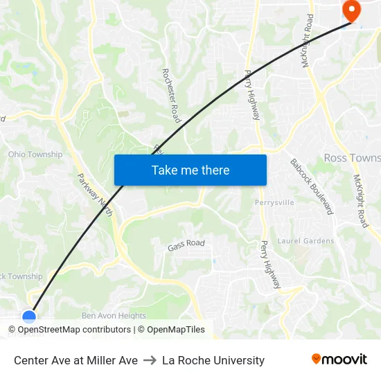 Center Ave at Miller Ave to La Roche University map