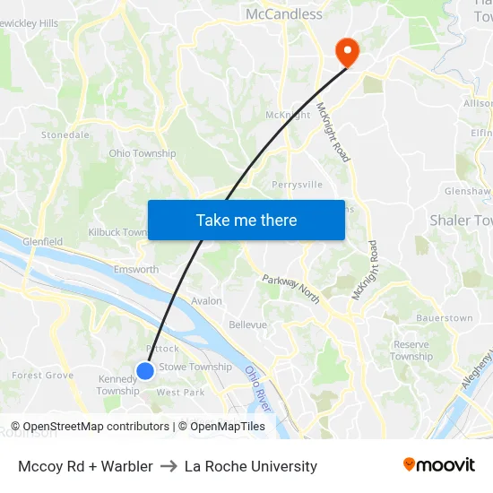 Mccoy Rd + Warbler to La Roche University map