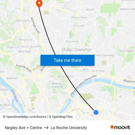 Negley Ave + Centre to La Roche University map