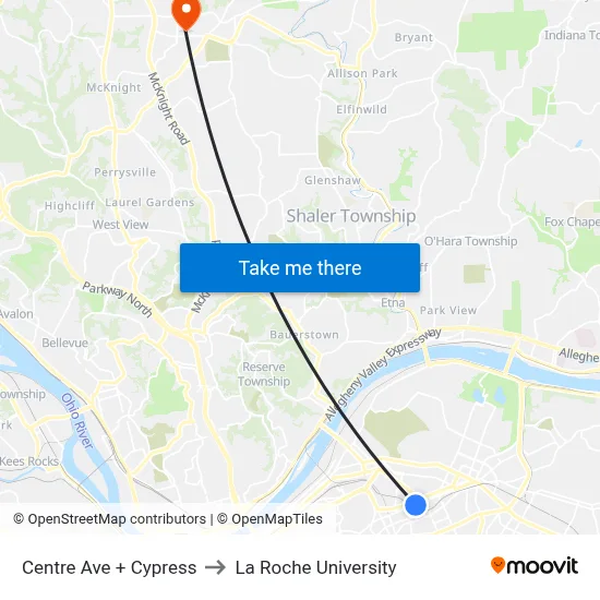 Centre Ave + Cypress to La Roche University map