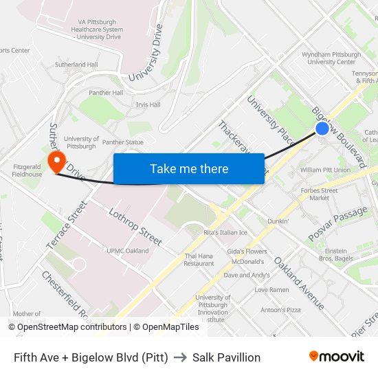 Fifth Ave + Bigelow Blvd (Pitt) to Salk Pavillion map