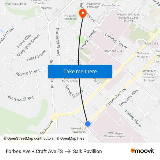 Forbes Ave + Craft Ave FS to Salk Pavillion map