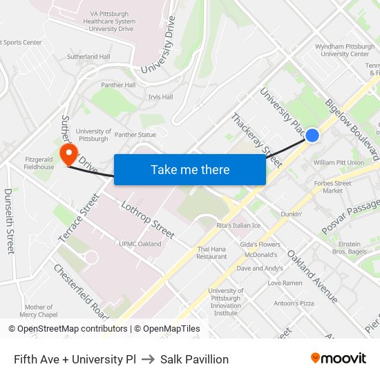 Fifth Ave + University Pl to Salk Pavillion map