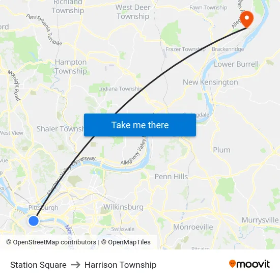 Station Square to Harrison Township map