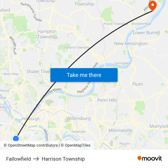 Fallowfield to Harrison Township map