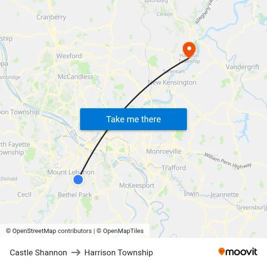 Castle Shannon to Harrison Township map