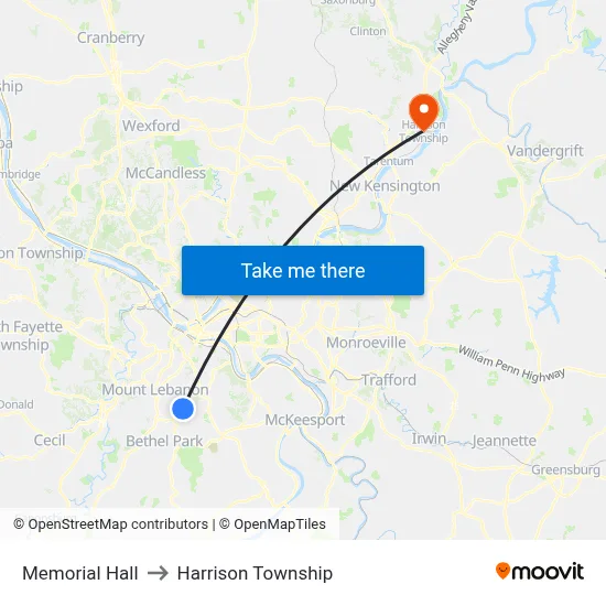 Memorial Hall to Harrison Township map