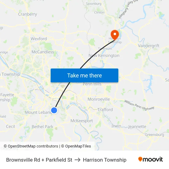 Brownsville Rd + Parkfield St to Harrison Township map