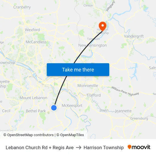 Lebanon Church Rd + Regis Ave to Harrison Township map