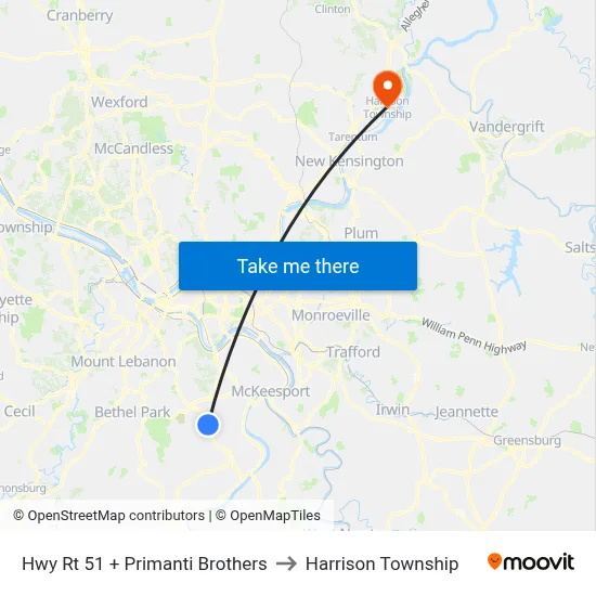 Hwy Rt 51 + Primanti Brothers to Harrison Township map