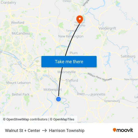 Walnut St + Center to Harrison Township map