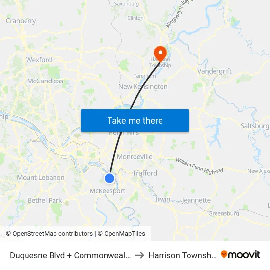 Duquesne Blvd + Commonwealth to Harrison Township map