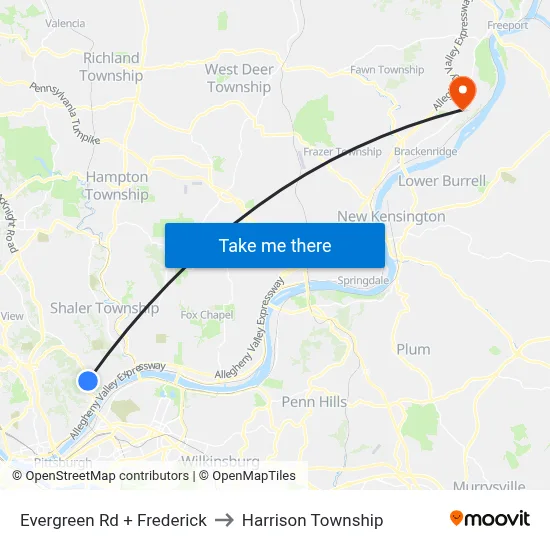 Evergreen Rd + Frederick to Harrison Township map