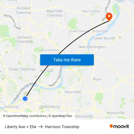 Liberty Ave + Ella to Harrison Township map