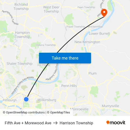 Fifth Ave + Morewood Ave to Harrison Township map