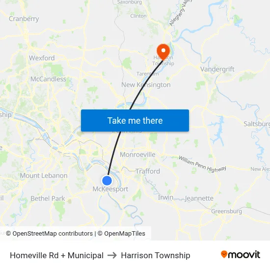 Homeville Rd + Municipal to Harrison Township map
