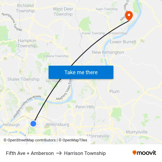 Fifth Ave + Amberson to Harrison Township map