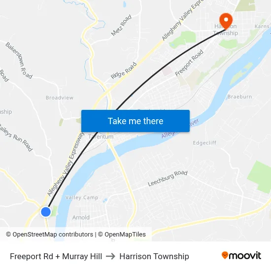 Freeport Rd + Murray Hill to Harrison Township map