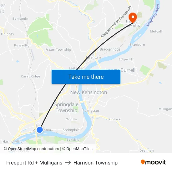 Freeport Rd + Mulligans to Harrison Township map