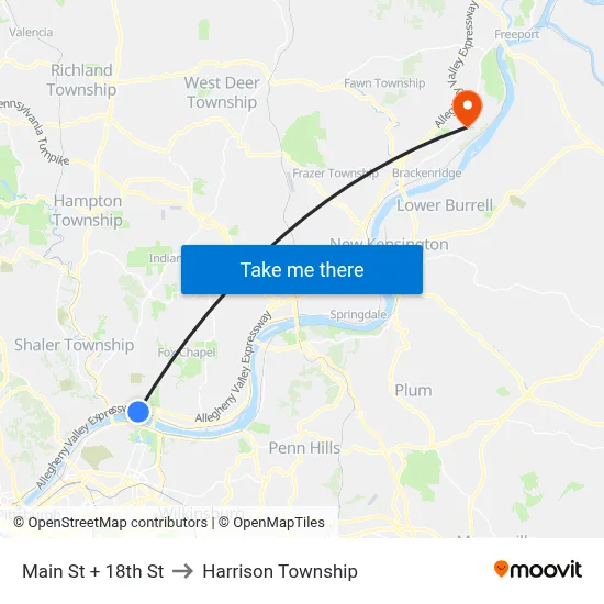 Main St + 18th St to Harrison Township map