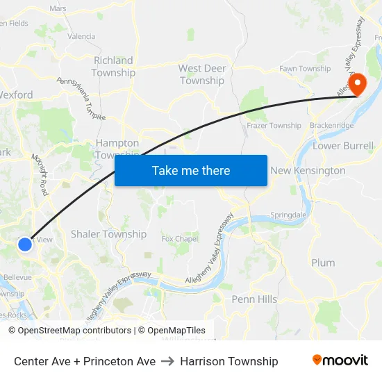 Center Ave + Princeton Ave to Harrison Township map