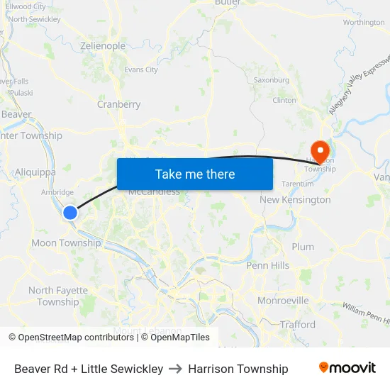 Beaver Rd + Little Sewickley to Harrison Township map