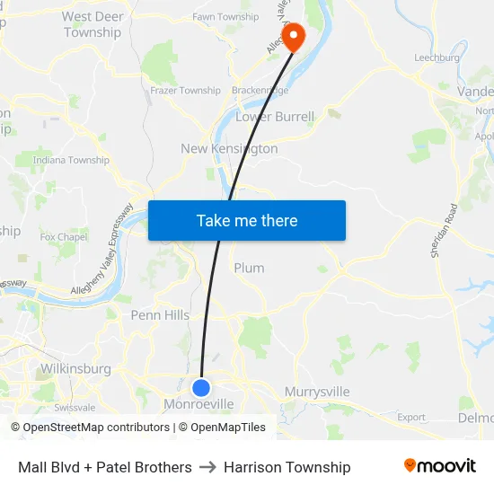 Mall Blvd + Patel Brothers to Harrison Township map