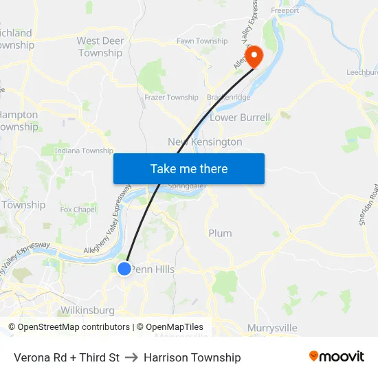 Verona Rd + Third St to Harrison Township map