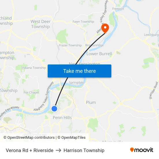 Verona Rd + Riverside to Harrison Township map