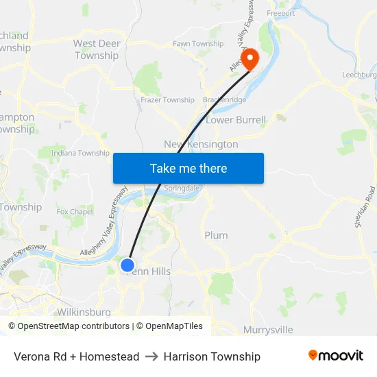 Verona Rd + Homestead to Harrison Township map