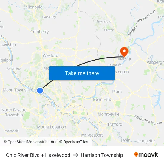 Ohio River Blvd + Hazelwood to Harrison Township map
