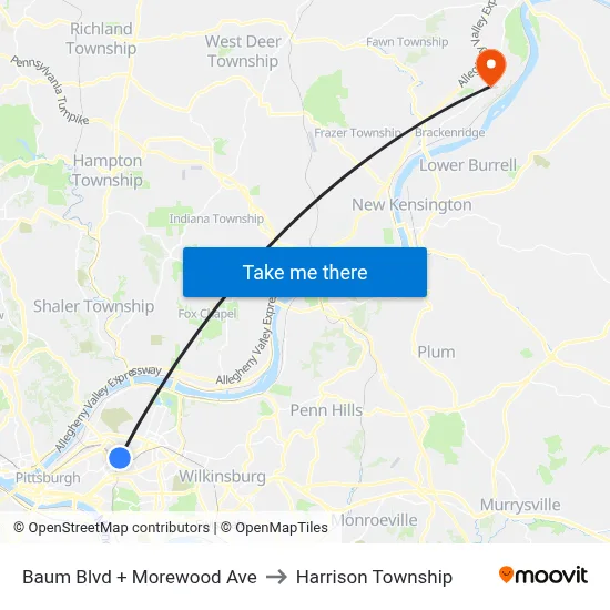 Baum Blvd + Morewood Ave to Harrison Township map