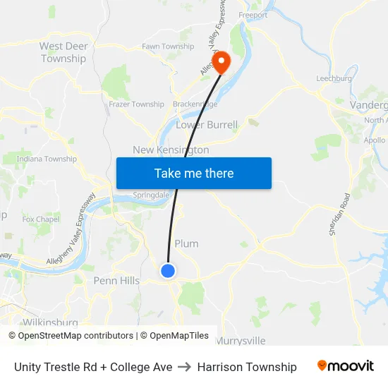Unity Trestle Rd + College Ave to Harrison Township map