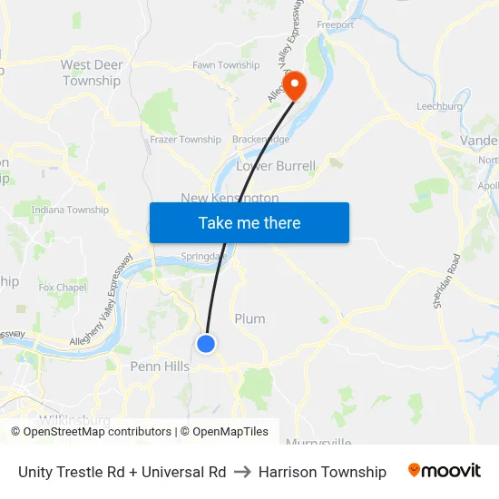 Unity Trestle Rd + Universal Rd to Harrison Township map