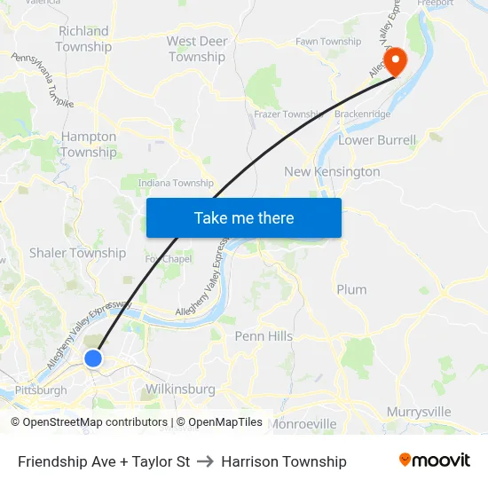 Friendship Ave + Taylor St to Harrison Township map