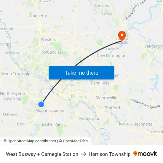 West Busway + Carnegie Station to Harrison Township map