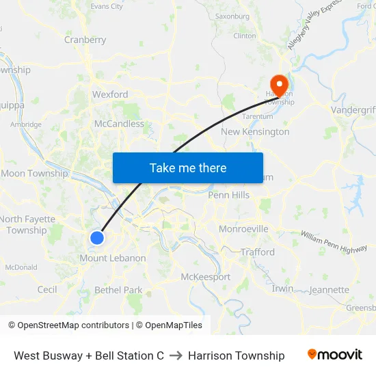 West Busway + Bell Station C to Harrison Township map