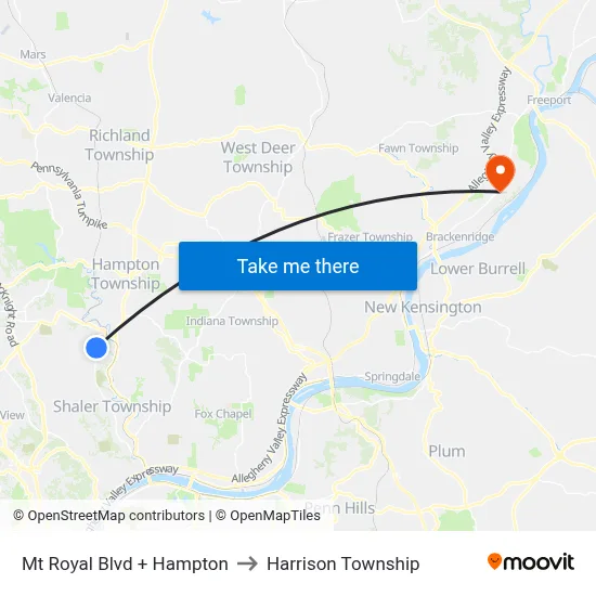 Mt Royal Blvd + Hampton to Harrison Township map