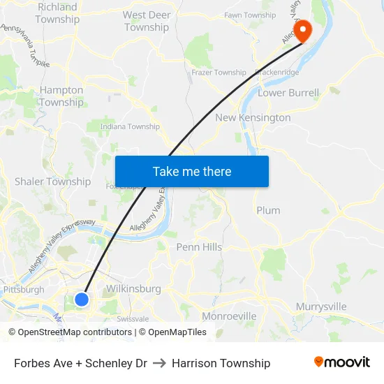 Forbes Ave + Schenley Dr to Harrison Township map