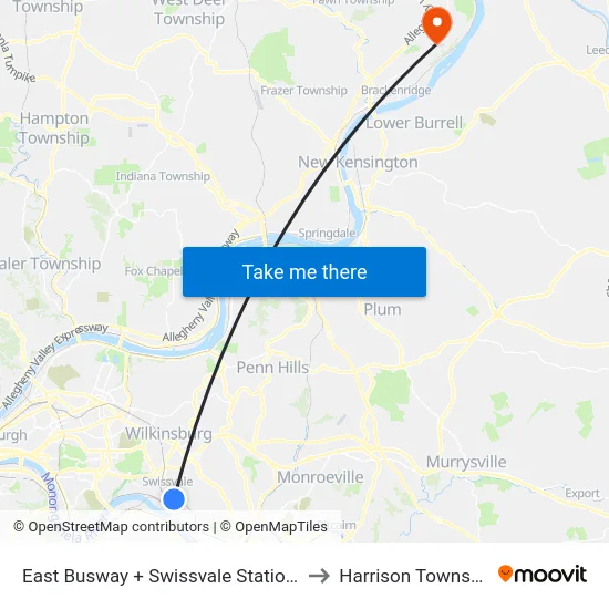 East Busway + Swissvale Station A to Harrison Township map