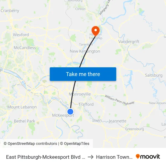 East Pittsburgh-Mckeesport Blvd + Orris to Harrison Township map