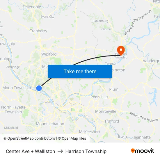 Center Ave + Walliston to Harrison Township map