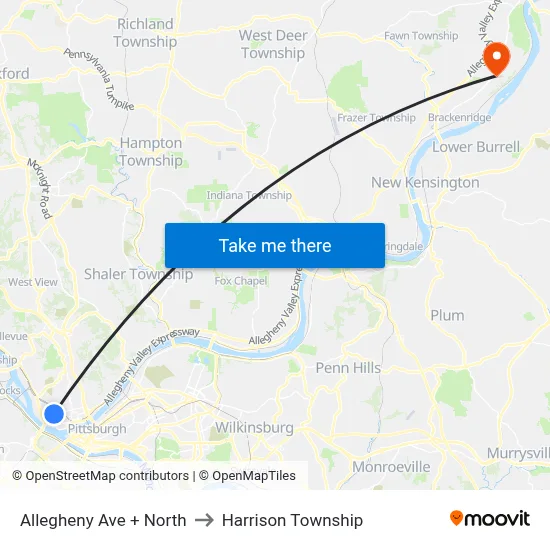 Allegheny Ave + North to Harrison Township map