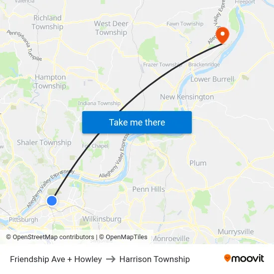Friendship Ave + Howley to Harrison Township map