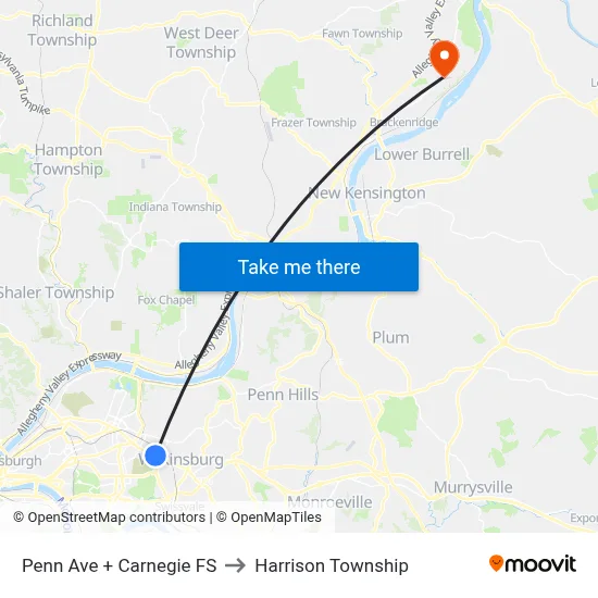Penn Ave + Carnegie FS to Harrison Township map
