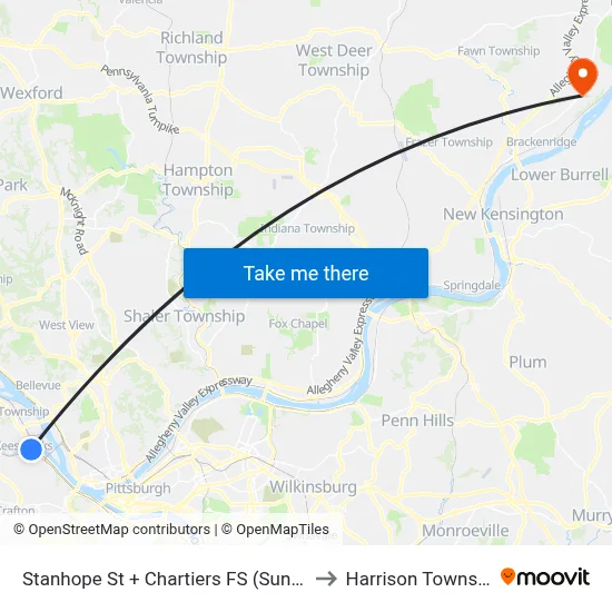 Stanhope St + Chartiers FS (Sunoco) to Harrison Township map