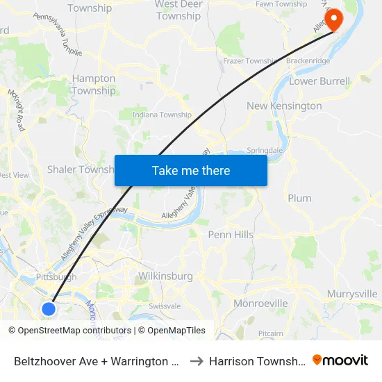 Beltzhoover Ave + Warrington Ns to Harrison Township map