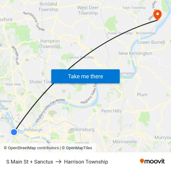 S Main St + Sanctus to Harrison Township map