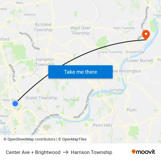 Center Ave + Brightwood to Harrison Township map