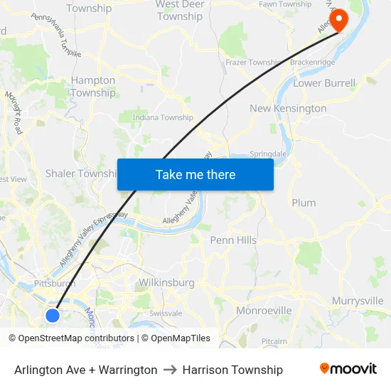 Arlington Ave + Warrington to Harrison Township map